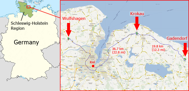 Map of Schleswig-Holstein region of Germany with enlargement showing distances between Krokau and Wulfshagen and Krokau and Gadendorf